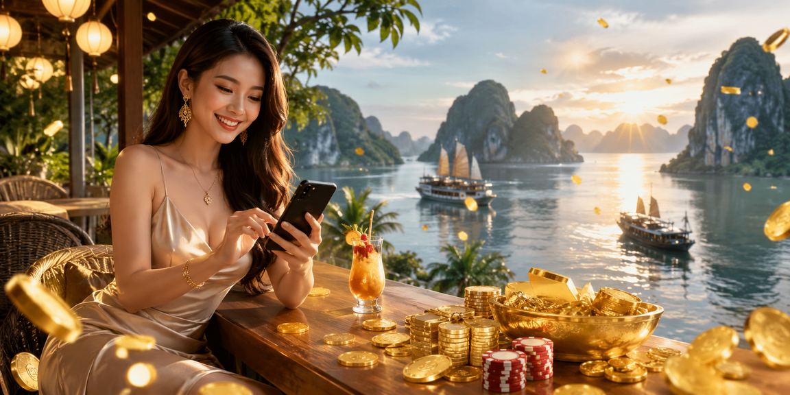 Người dùng chơi live casino trên điện thoại nhìn ra vịnh Hạ Long